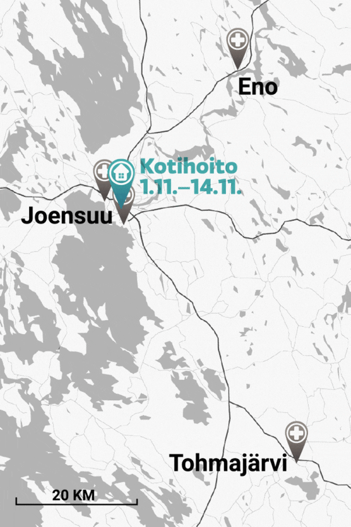 Animaatio potilaan kuljetuksesta eri puolille Pohjois-Karjalaa