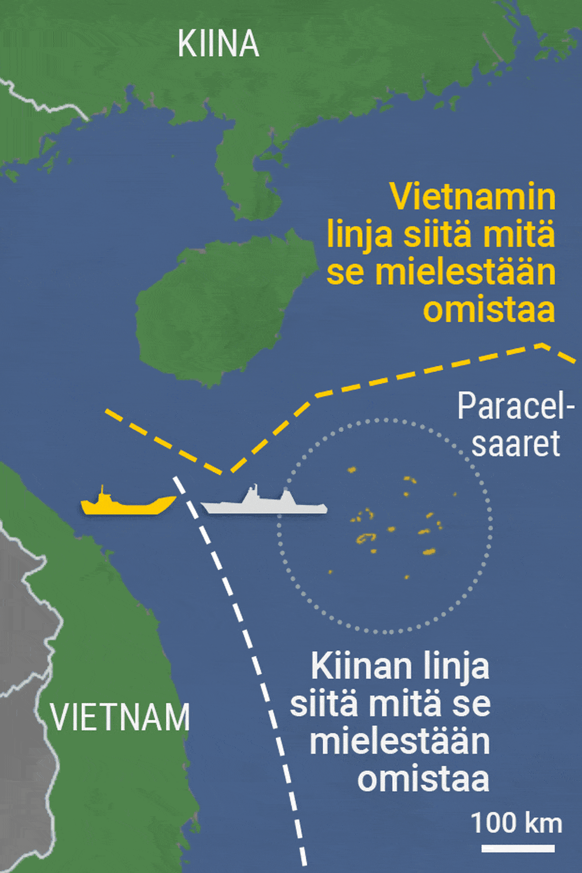 Gif-animaatio Etelä-Kiinanmerellä sijaitsevista Paracel- ja Spratly-saarista.