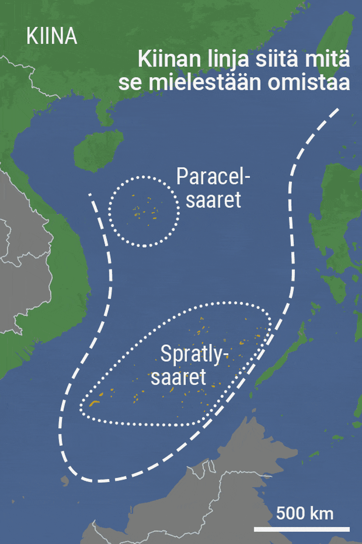 Gif-animaatio Etelä-Kiinanmerellä sijaitsevista Paracel- ja Spratly-saarista.