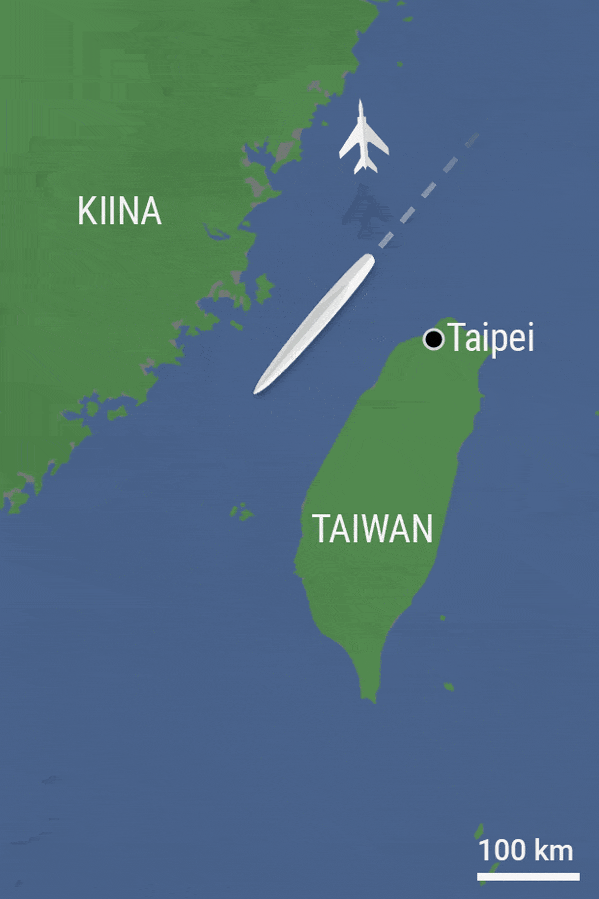 Gif-animaatio Kiinan ja Yhdysvaltojen toiminnasta Taiwanin alueella.