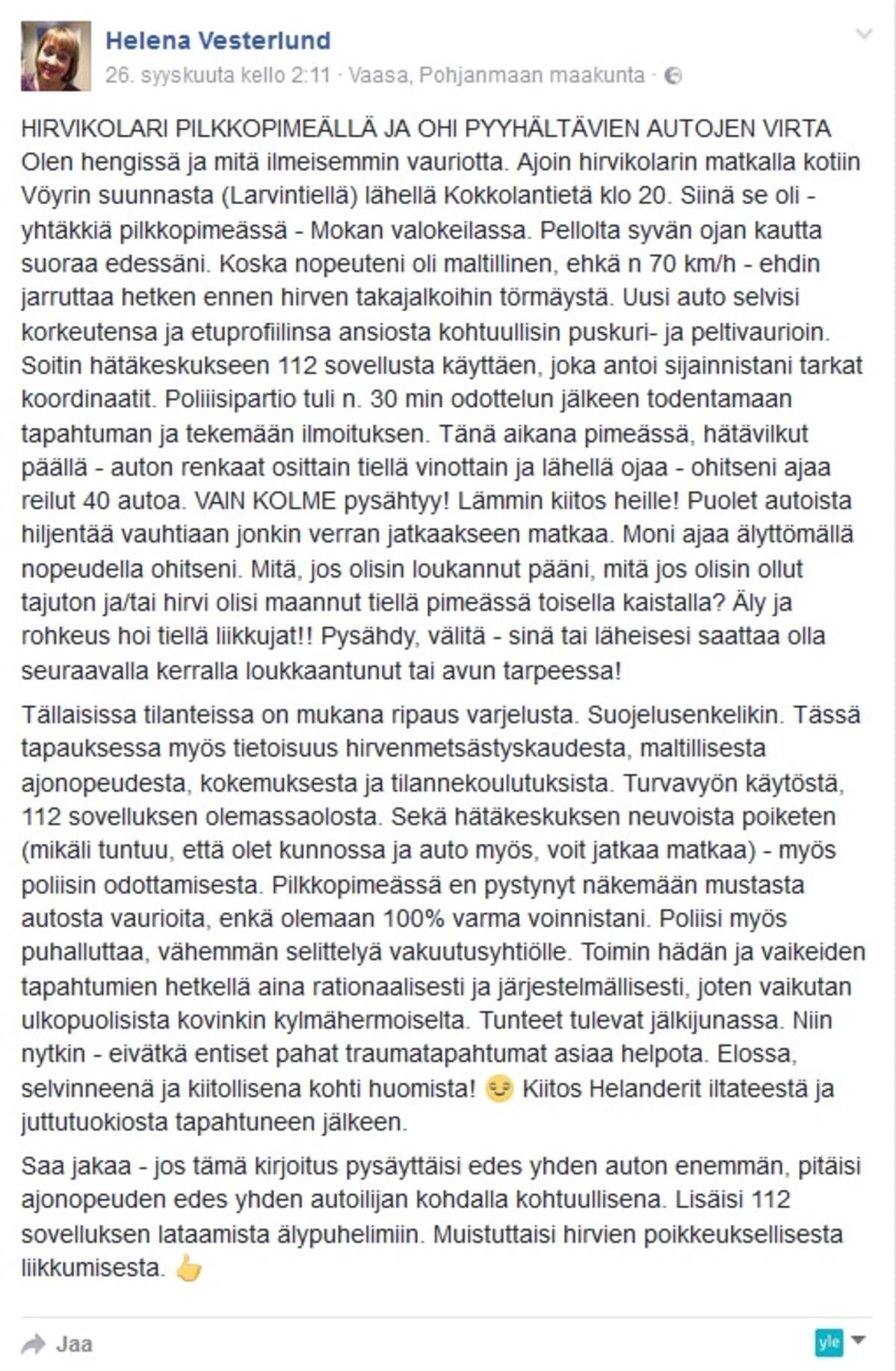 Helena Vesterlundin Facebookiin laatima kirjoitus.