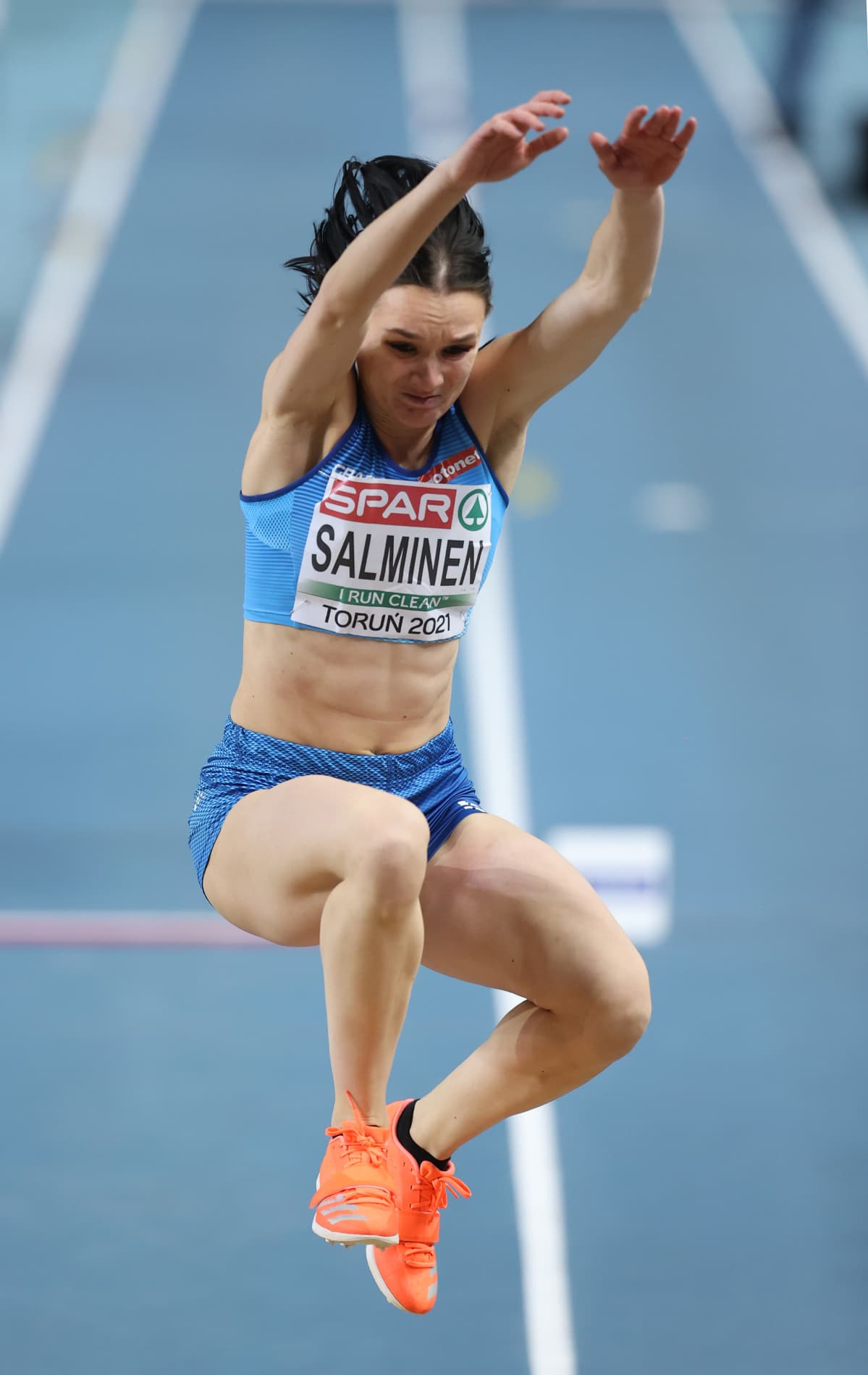 Senni Salminen of Finland competes in the qualification round of Women's Triple Jump during the first session on Day 2 of European Athletics Indoor Championships at Arena Torun on March 06, 2021 in Torun, Poland.