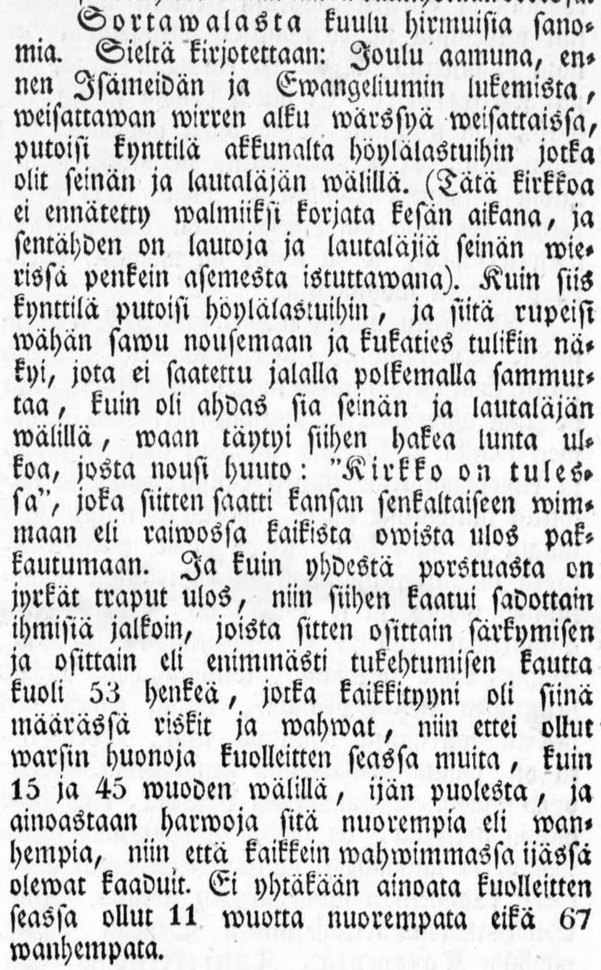 Sortaalan kirkon tragediasta kertonut uutinen Maamiehen ystävä -sanomalehdessä 13. tammikuuta 1844.