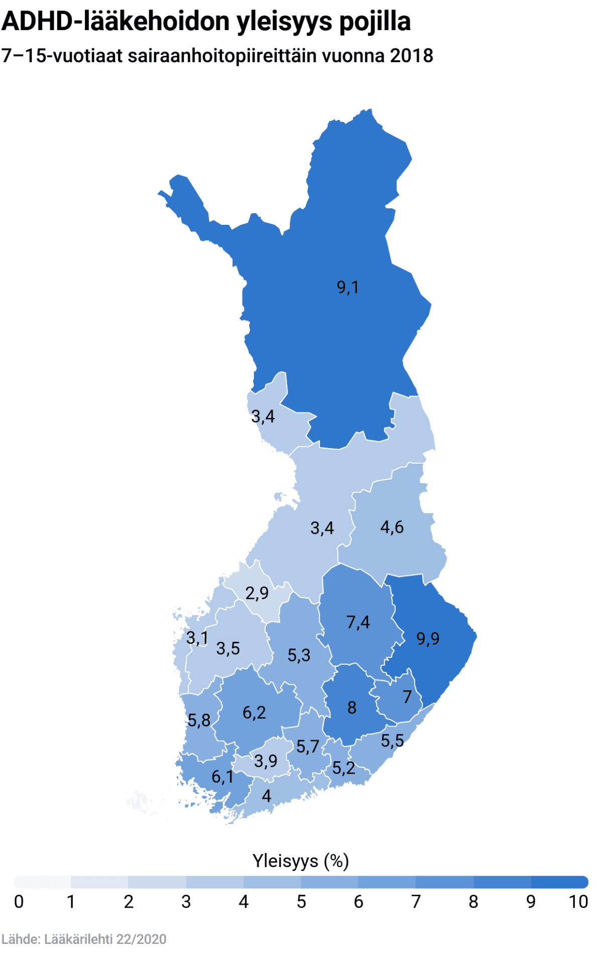 ADHD- lääkehoidon yleisyys pojilla, 7–15-vuotiaat sairaanhoitopiireittän vuonna 2018. Karttagrafiikka ADHD- hoitojen lääkehoidon yleisyysprosentti sairaanhoitopiireittäin.