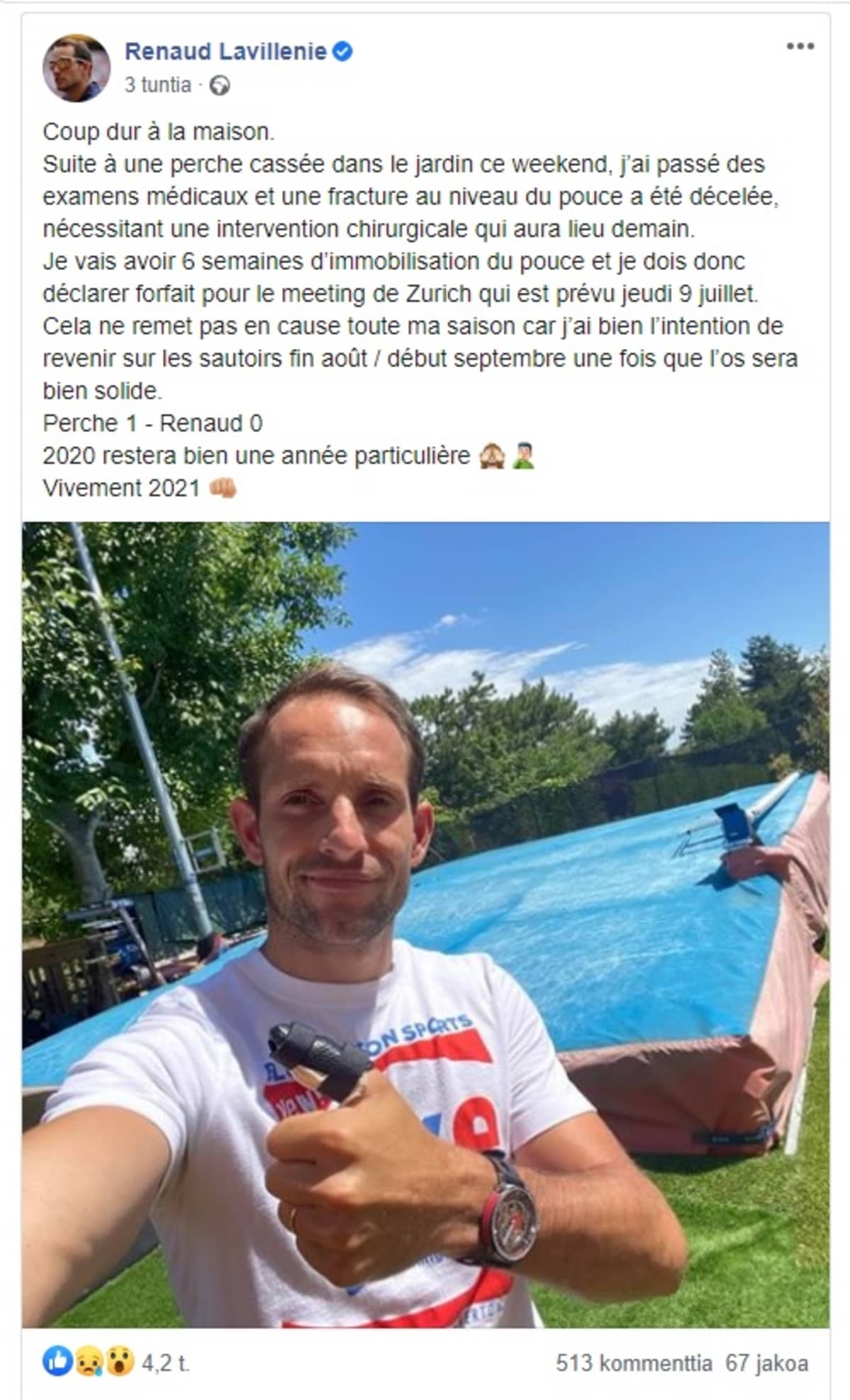 Kuvakaappaus Renaud Lavillenien Facebook-sivuilta.