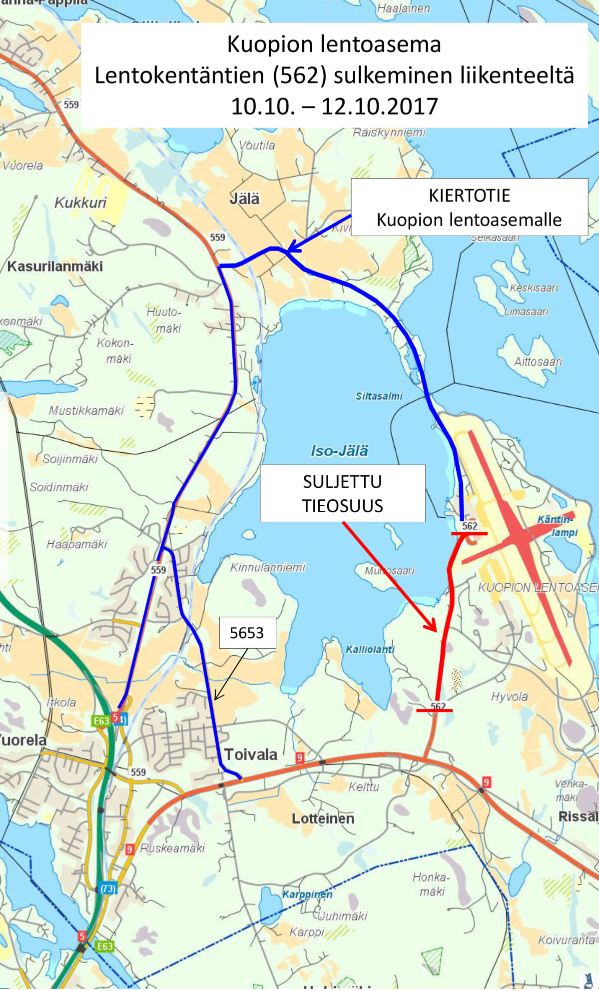 Karttakuva, jossa merkattu kiertotie Kuopion lentoasemalle Ruska-harjoituksen aikana.