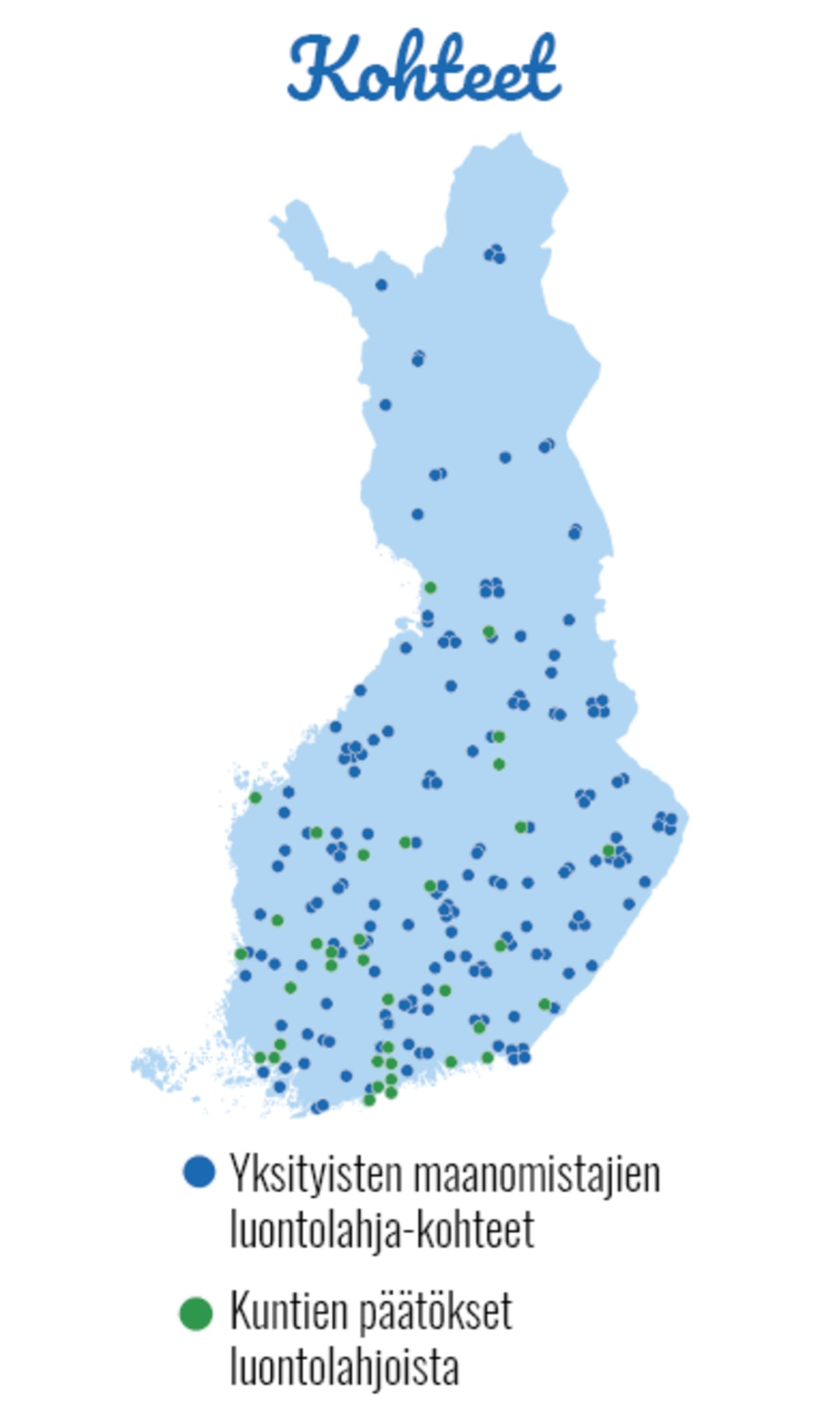 Luontolahjani-kohteet Suomen kartalla.