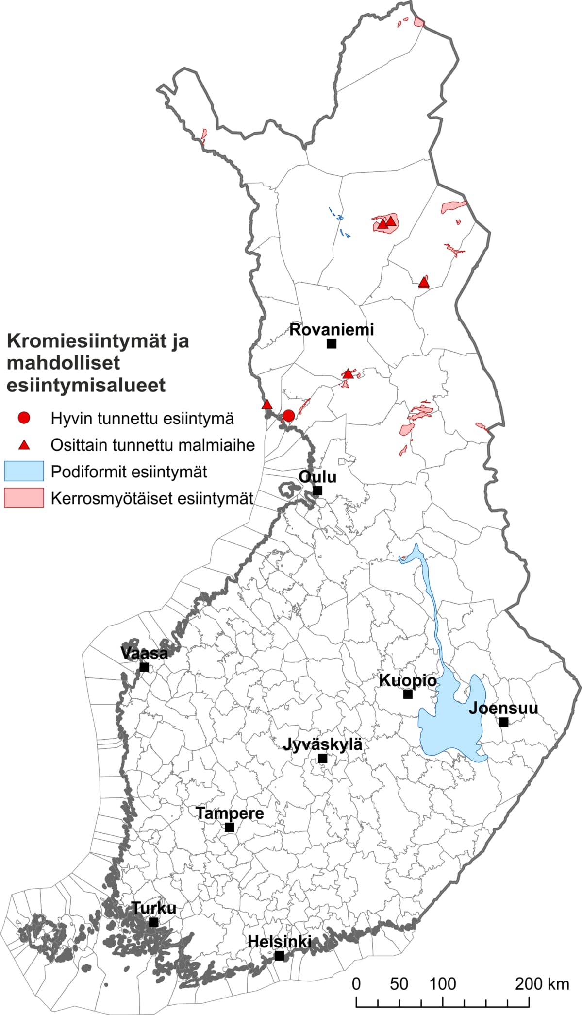 Kartassa näkyvät tunnetut kromiesiintymät sekä alueet, joilla voi olla löytämättömiä kromiesiintymiä.