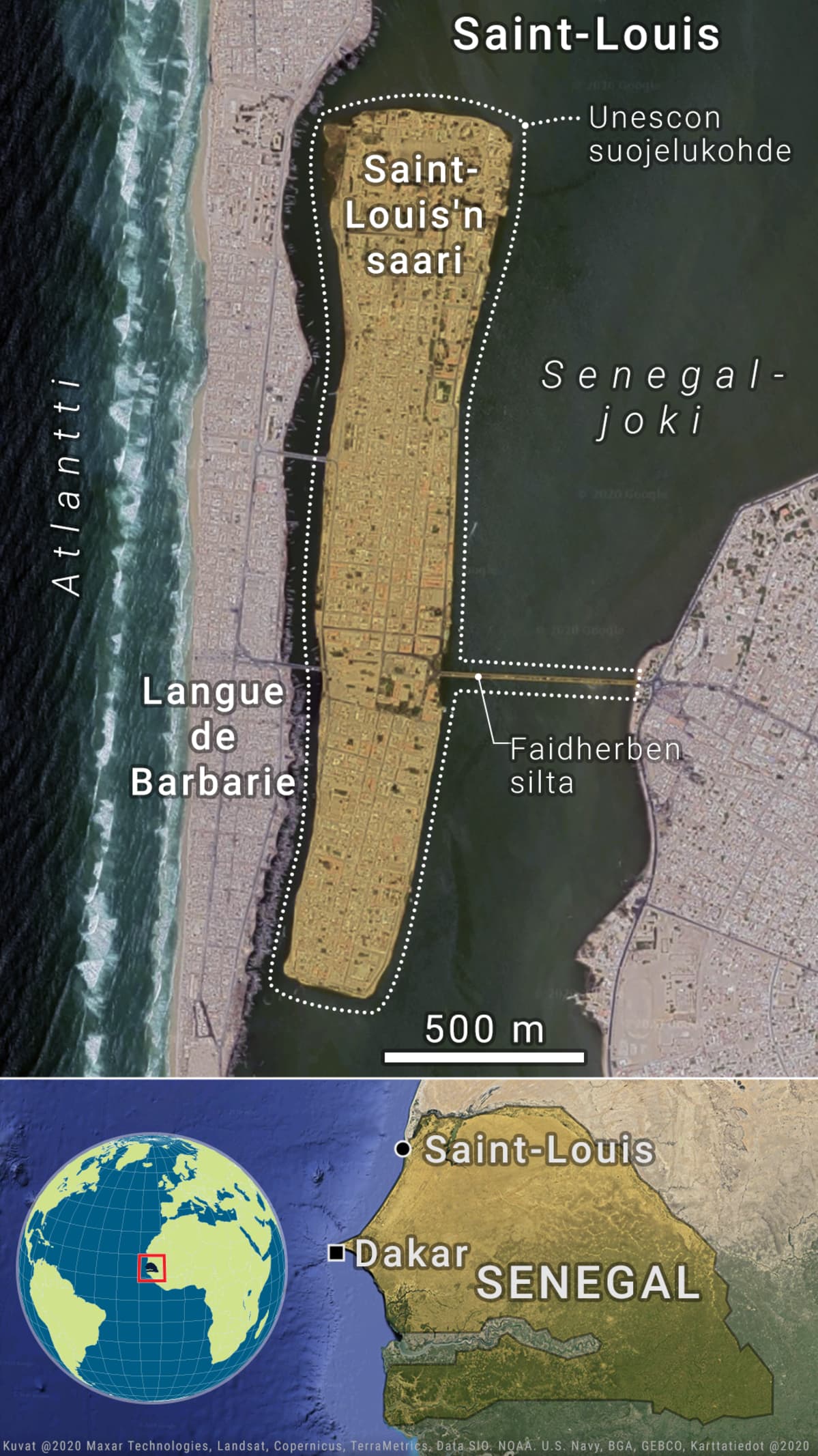 Satelliittikartta Saint-Louis'n sijainnista Senegalissa ja Senegalin sijainnista Afrikan mantereella.