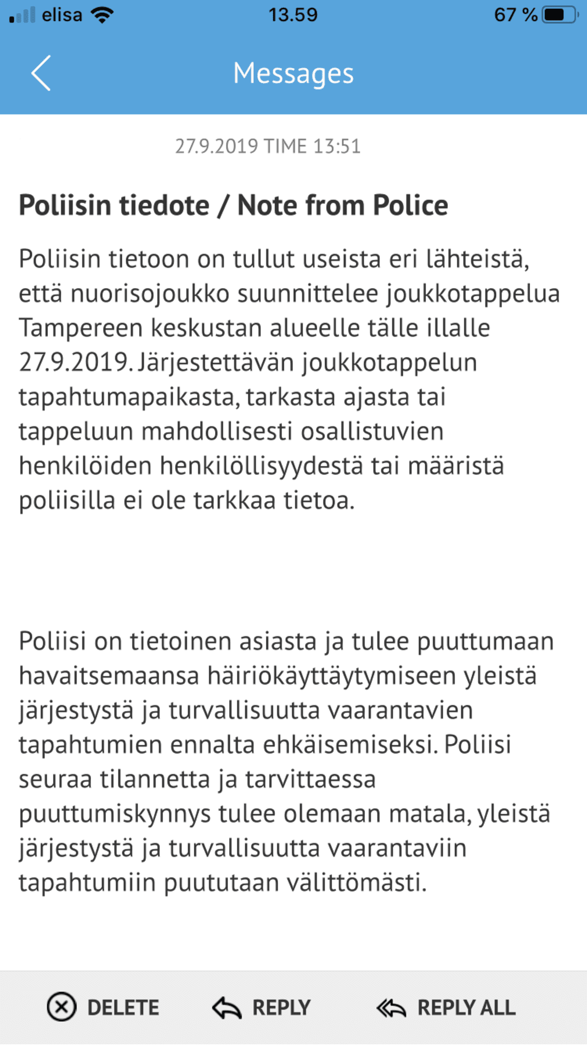 Poliisin viesti Helmi-palvelussa.