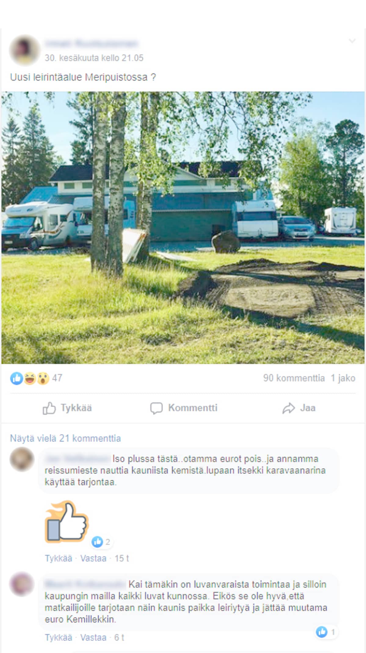 Kuvakaappaus sosiaalisessa mediassa käydystä keskustelusta Meripuiston matkaparkin ympärillä.