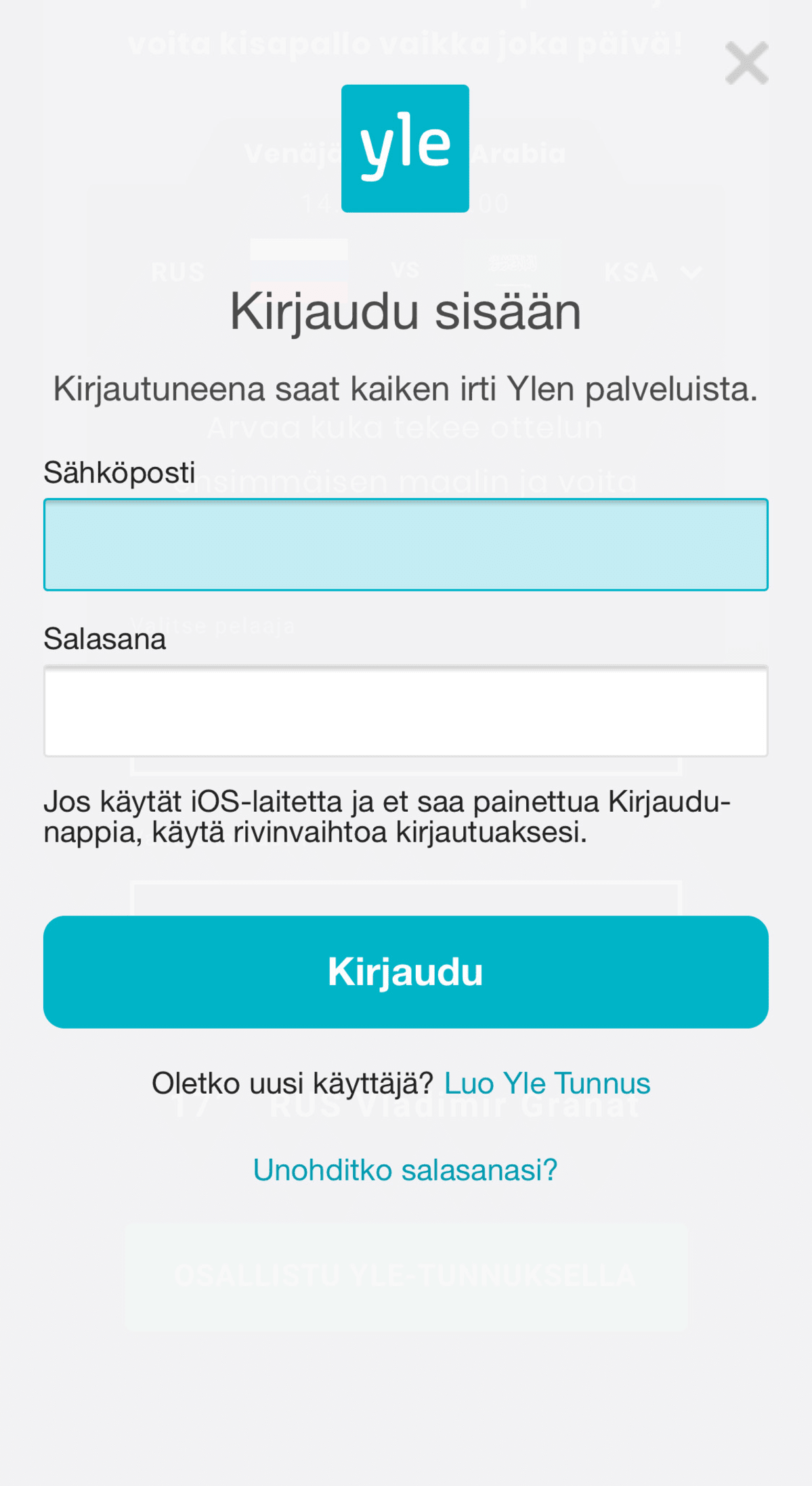 Osallistu Yle Tunnuksella. Jos sinulla ei ole vielä tunnusta, pääset rekisteröitymään.
