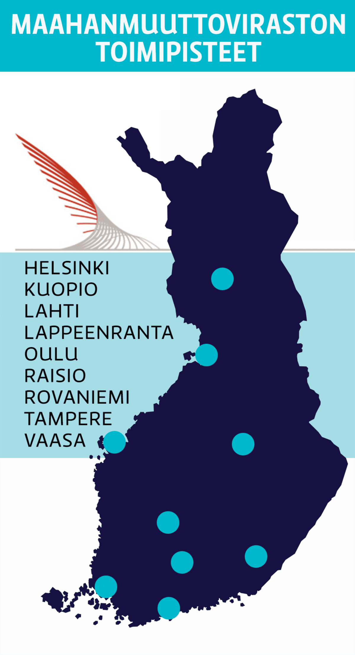 Maahanmuuttoviraston toimipisteet.