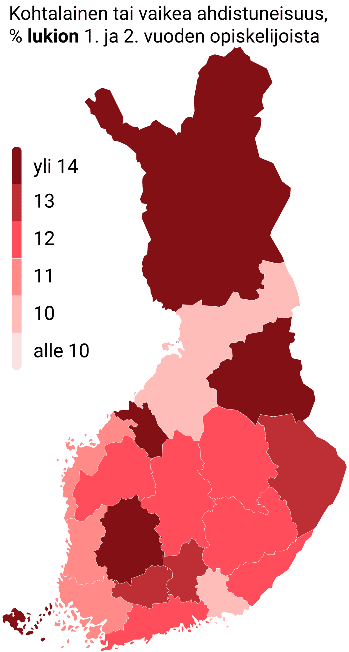 Kohtalainen tai vaikea ahdistuneisuus, % lukion 1. ja 2. vuoden opiskelijoista