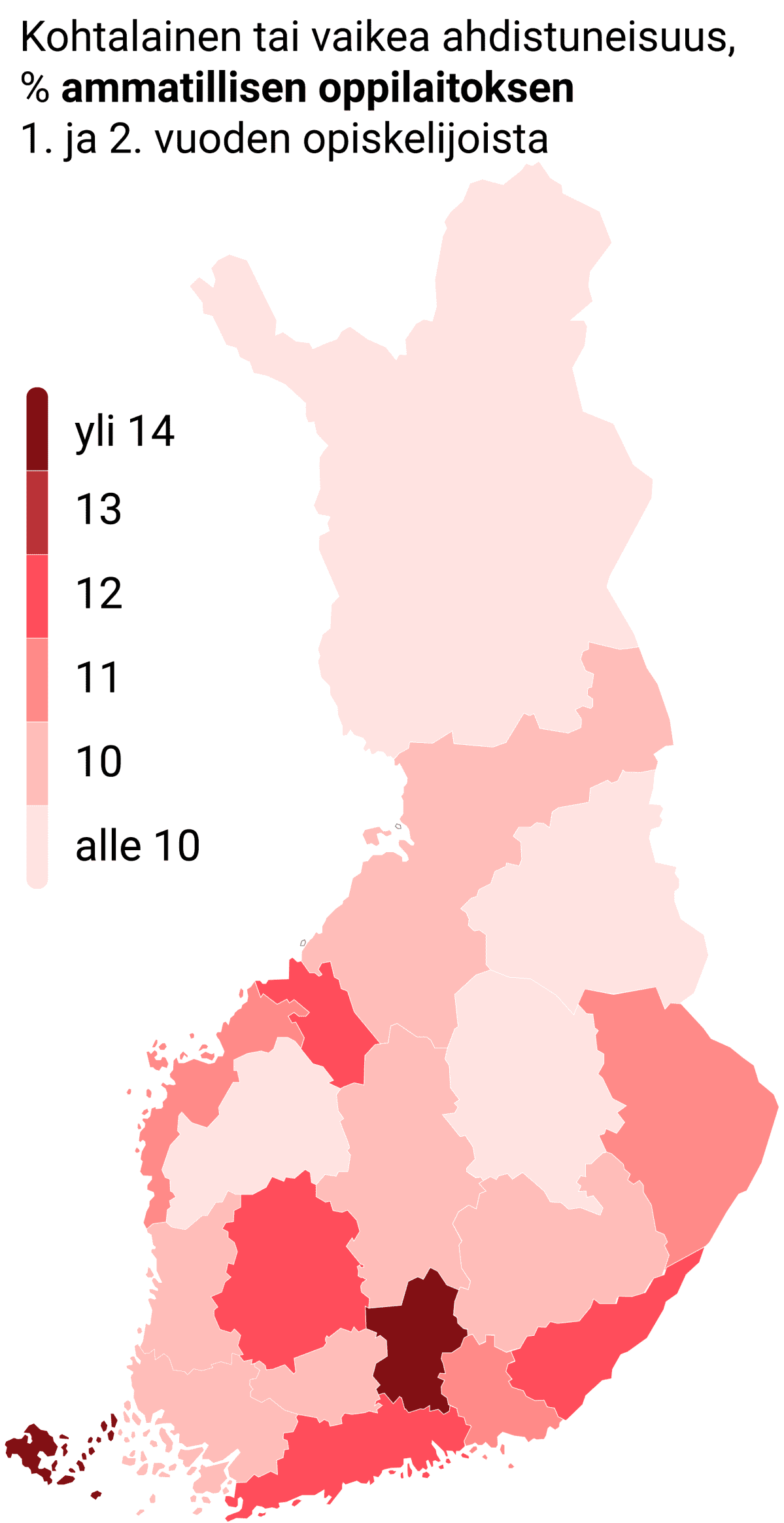 Kohtalainen tai vaikea ahdistuneisuus, % ammatillisen oppilaitoksen 1. ja 2. vuoden opiskelijoista