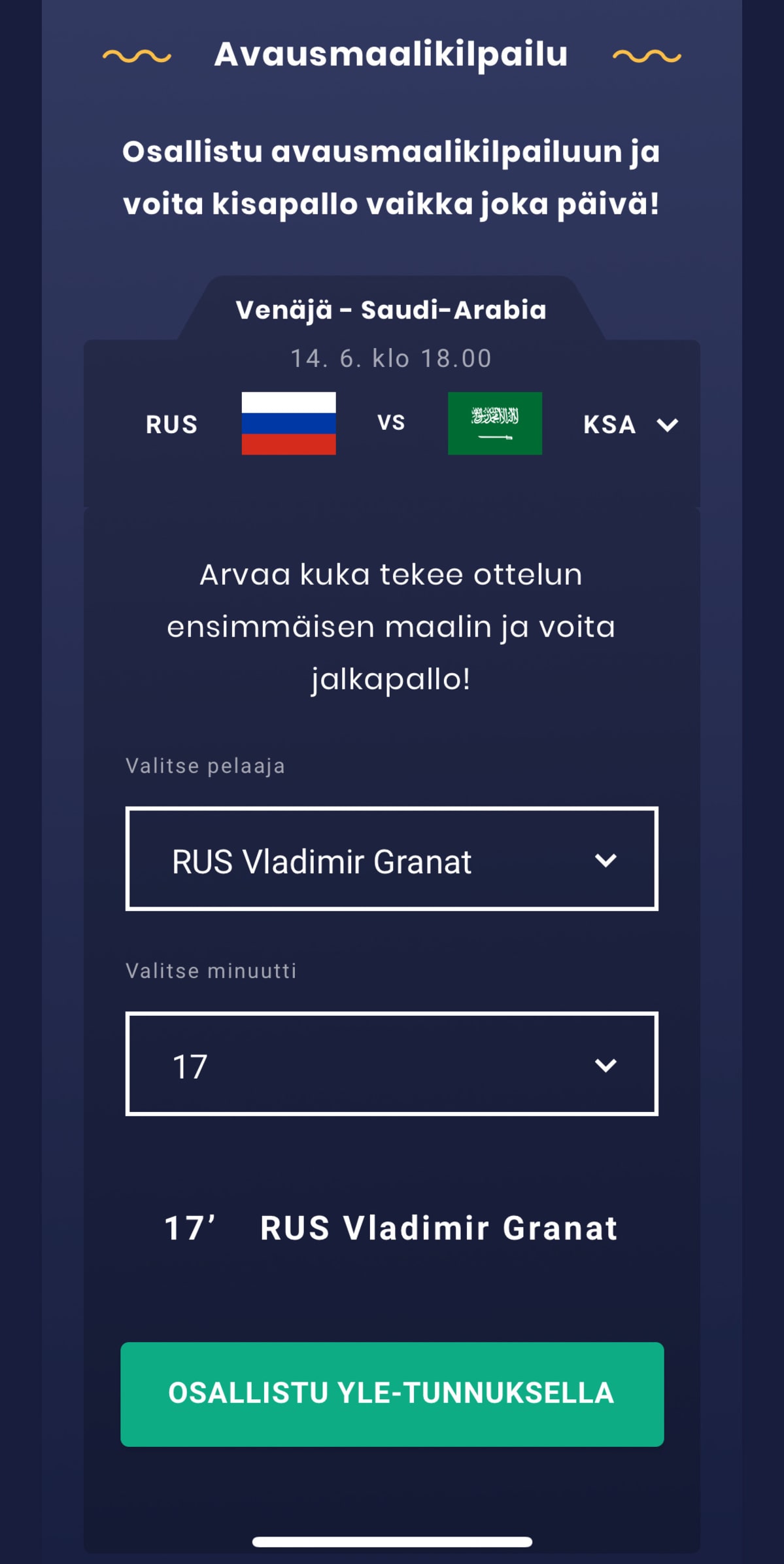 Valitse haluamasi maalintekijä ja maalin syntyaika.