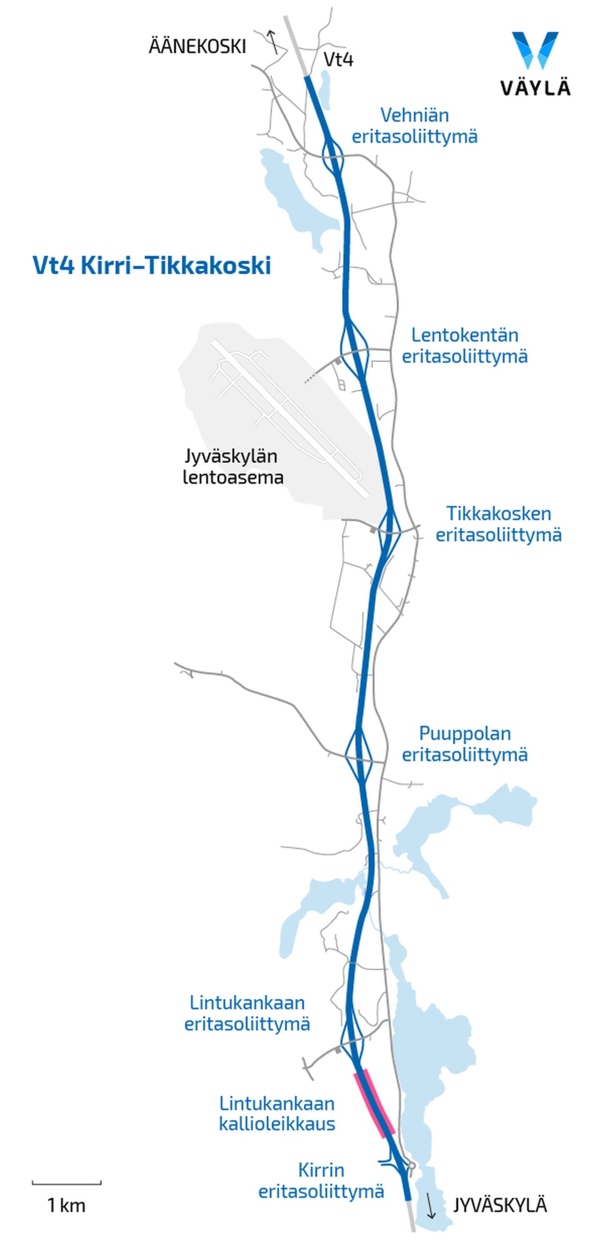 Kirri-Tikkakoski-Vehniä -moottoritieurakan kartta Nelostiellä Jyväskylän pohjoispuolella.