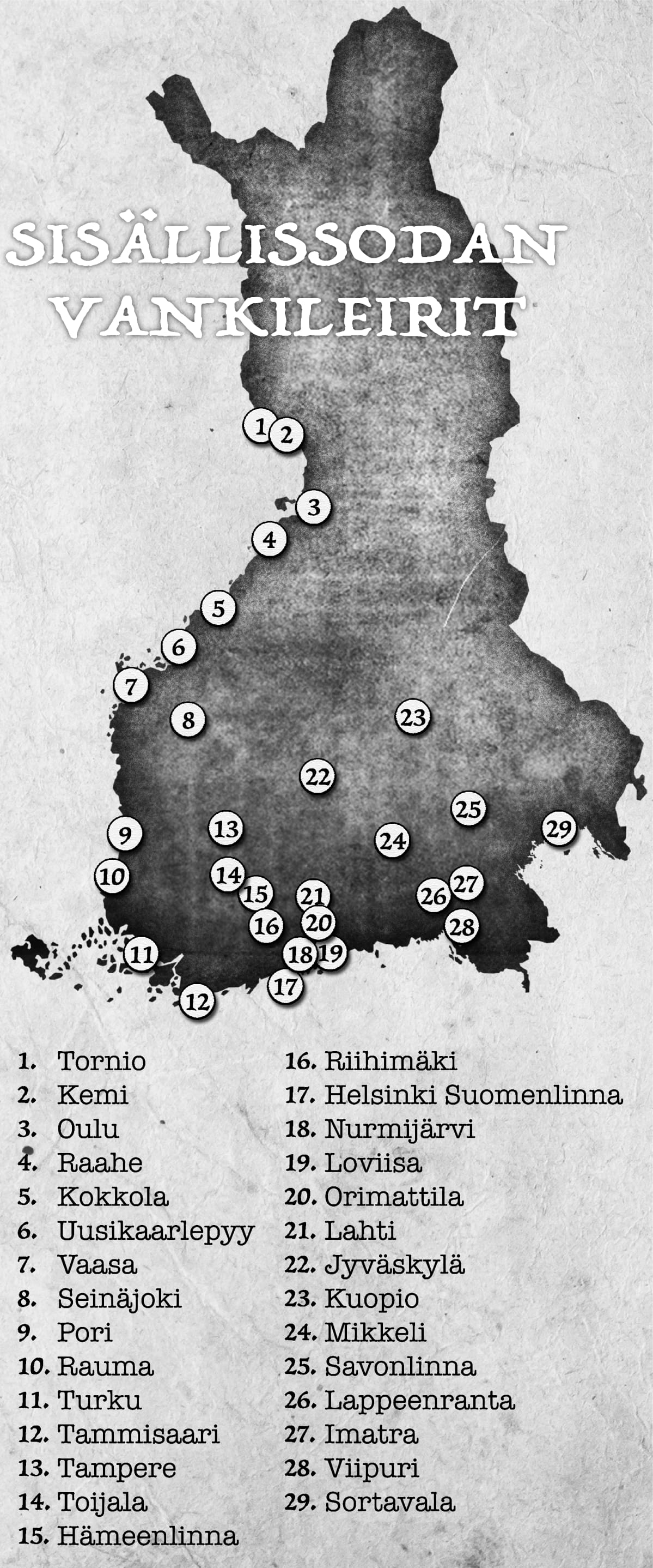 Grafiikassa kartalla Suomen sisällissodan vankileirit