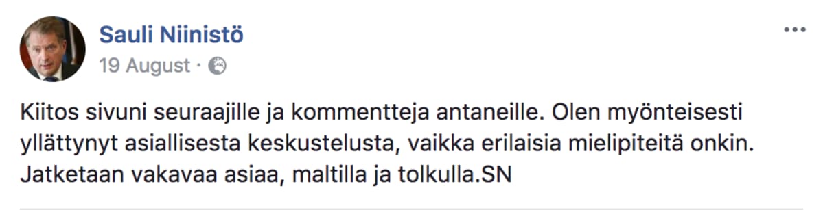 Sauli Niinistön Facebookpäivitys 19.8.2017.