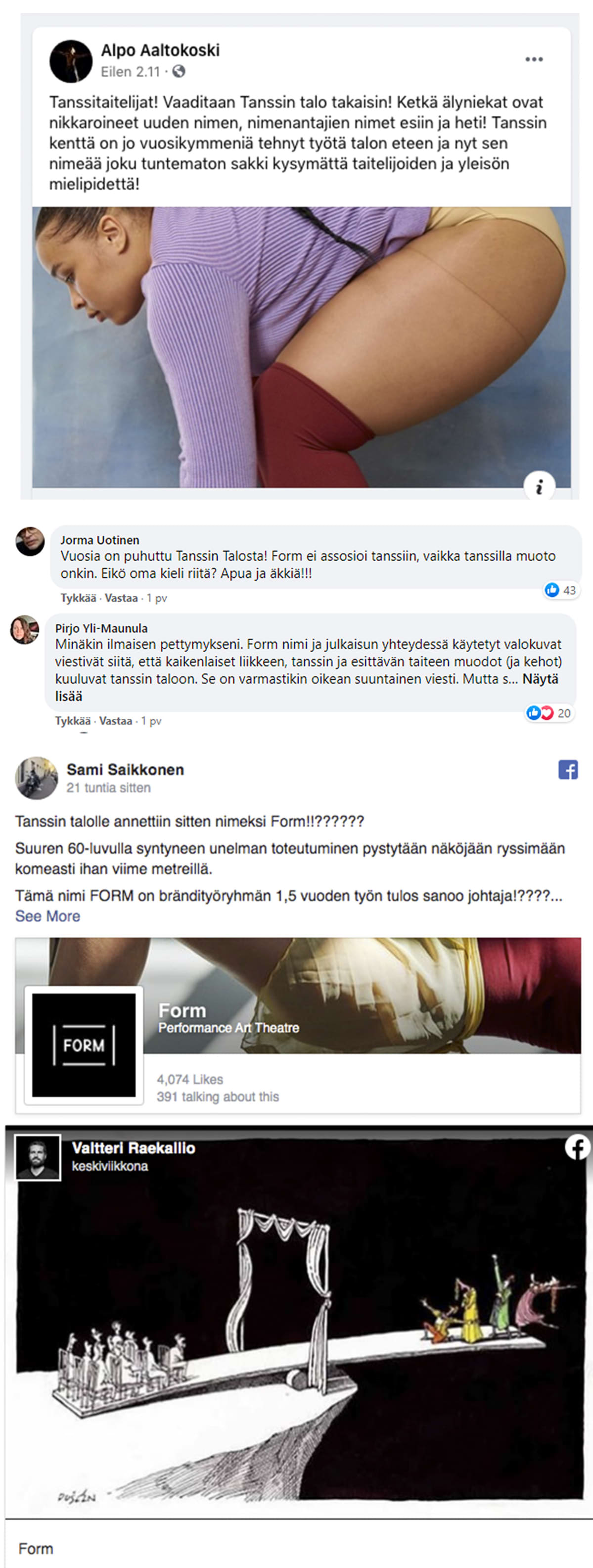 Tanssin talon nimeä FORM koskevia Facebook-postauksia.