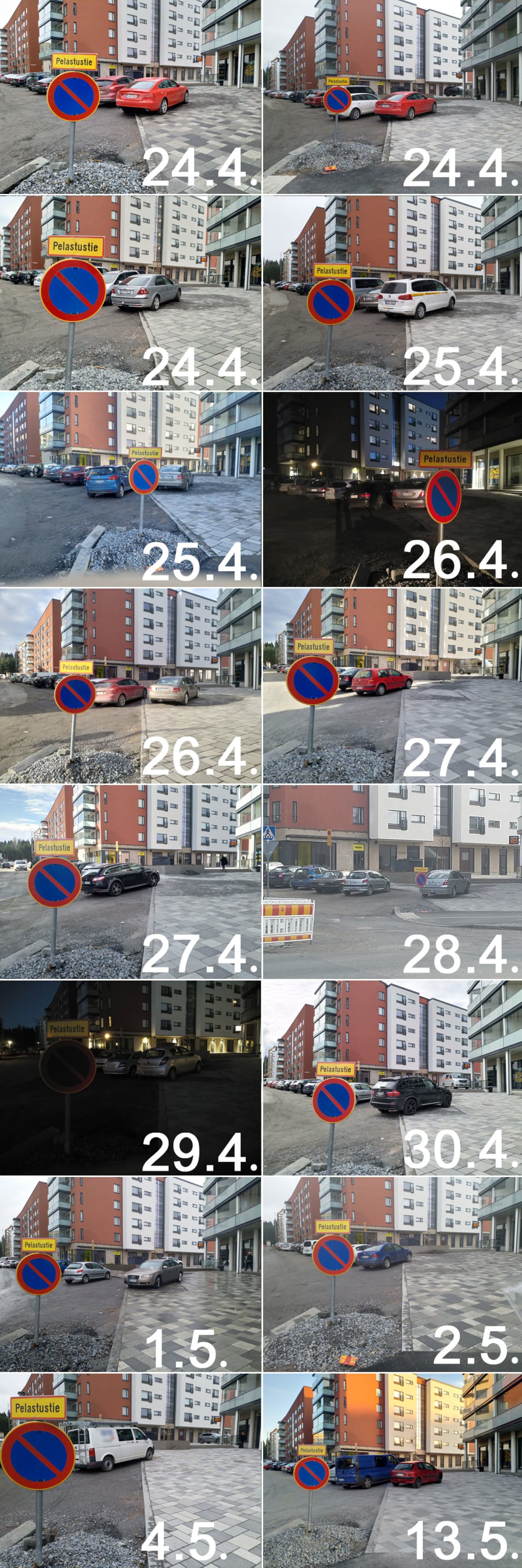 Esimerkkejä autoista, jotka on pysäköity pelastustien tielle.