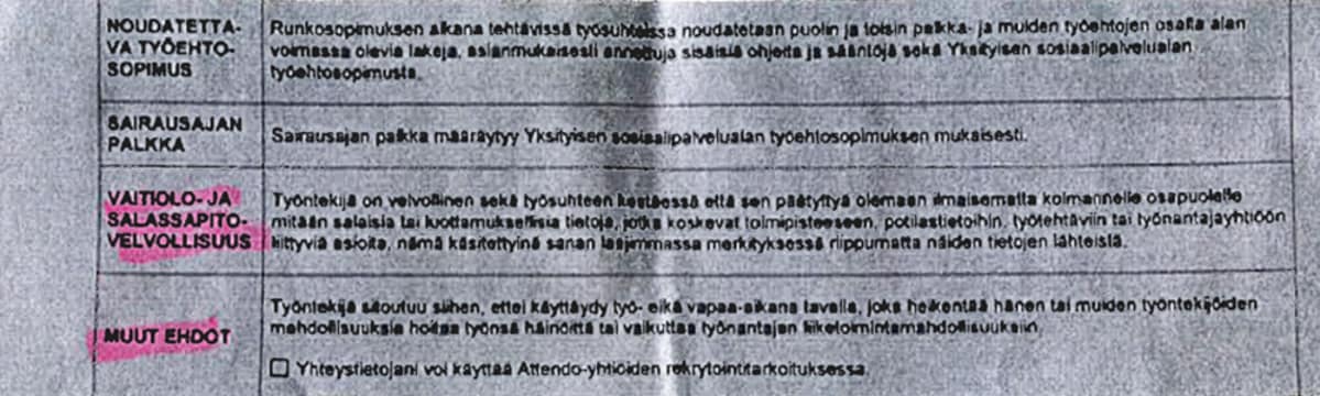 Kopio sopimuksen osasta.
