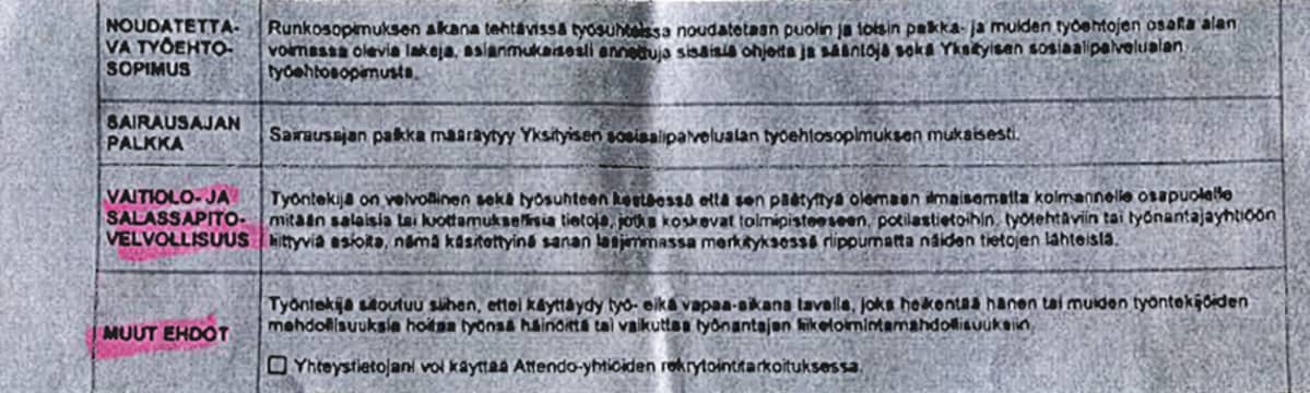 Kopio sopimuksen osasta.
