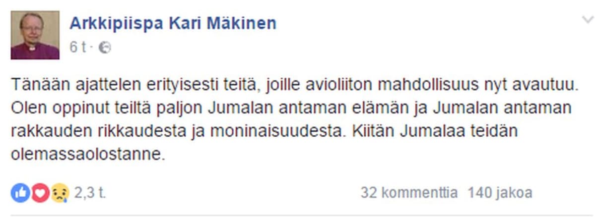 Kari Mäkinen facebookissa homoparien avioliitoista