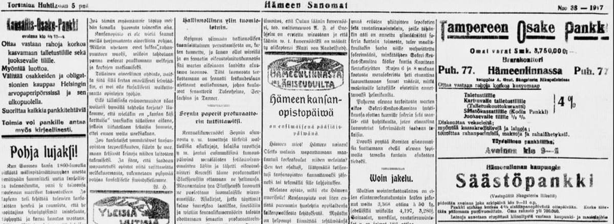 Kuvakaappaus Hämeen Sanomissa sadan vuoden takaa