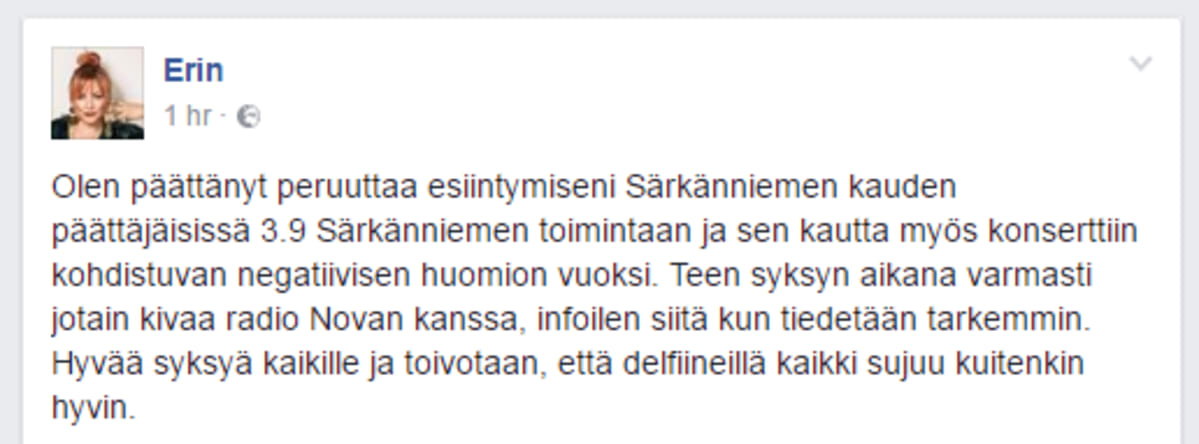 Kuvakaappaus Erinin Facebook-päivityksestä.