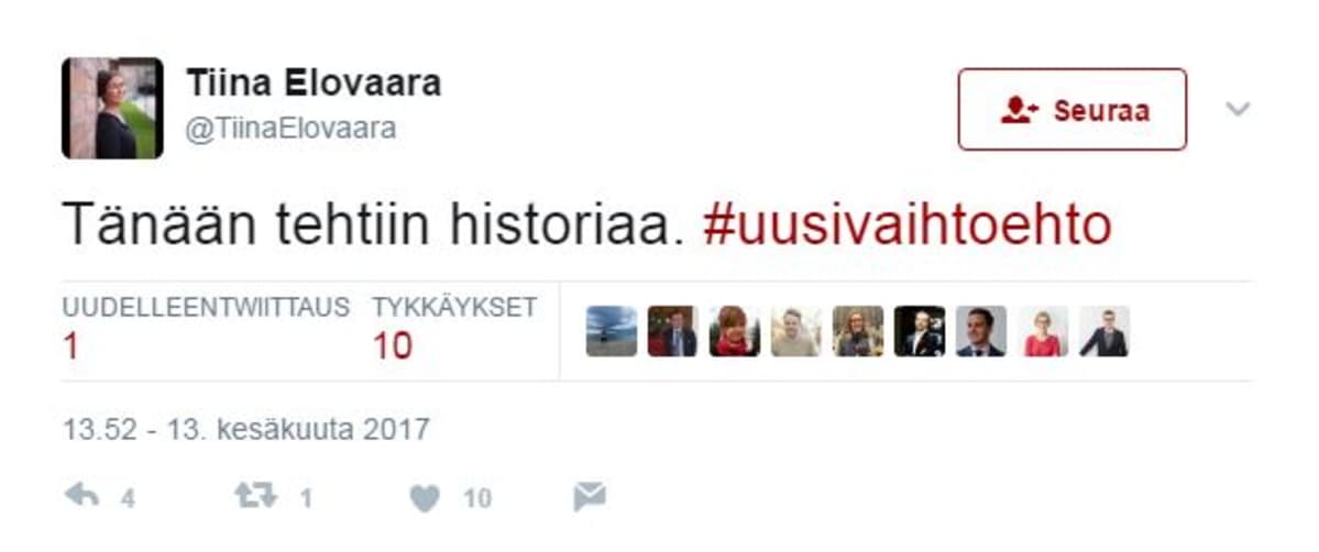 Kuvakaappaus Tiina Elovaaran Twitter-tililtä