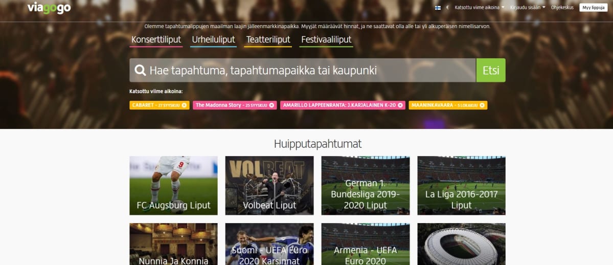 Kuvakaappaus Viagogo.fi-sivustolta 23. syyskuuta 2019.