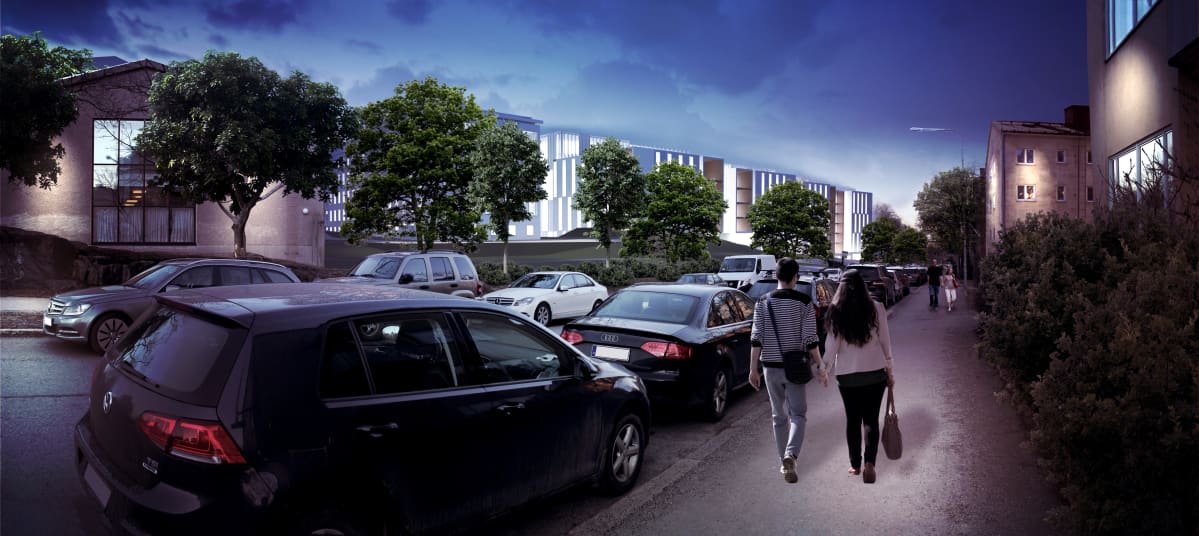 Näkymä uudesta Laakson yhteissairaalan päärakennuksesta Urheilukadulta.