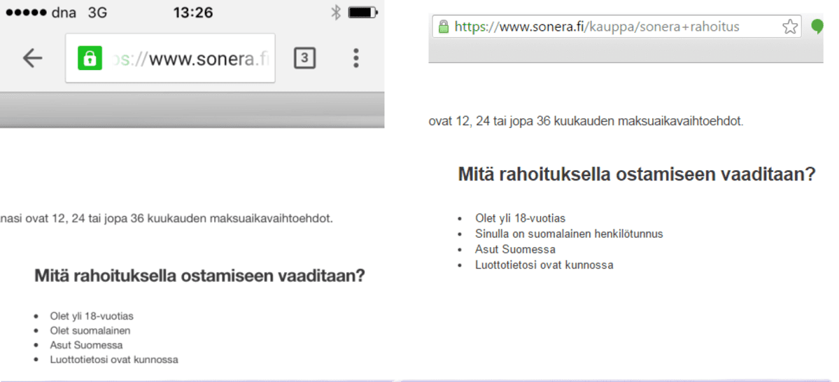 Kaksi kuvakaappausta Soneran verkkosivuilta. Helmikuussa Sonera sanoi verkkosivuillaan, että asiakkaan pitää olla suomalainen, jotta hän voi ostaa mobiililaitteita osamaksulla. Toukokuussa verkkosivuilla asiakkailta vaadittiin Suomen kansalaisuuden sijaan suomalainen henkilötunnus.
