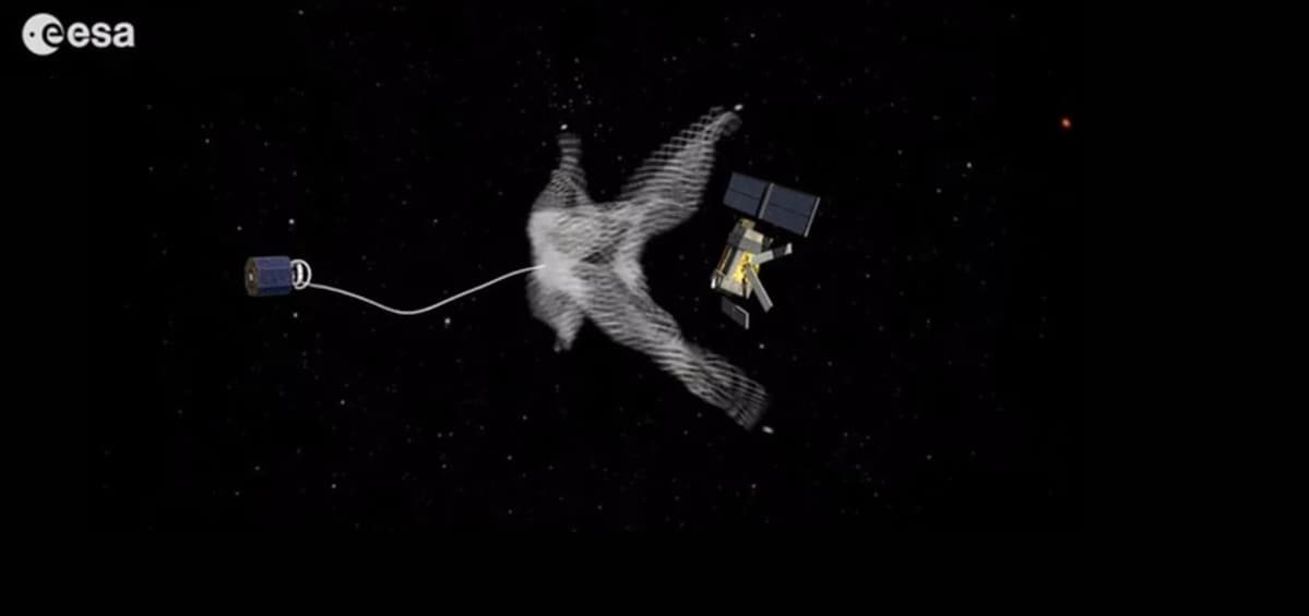 Piirroskuva satelliittia kohti laukaistusta avautuvasta verkosta.