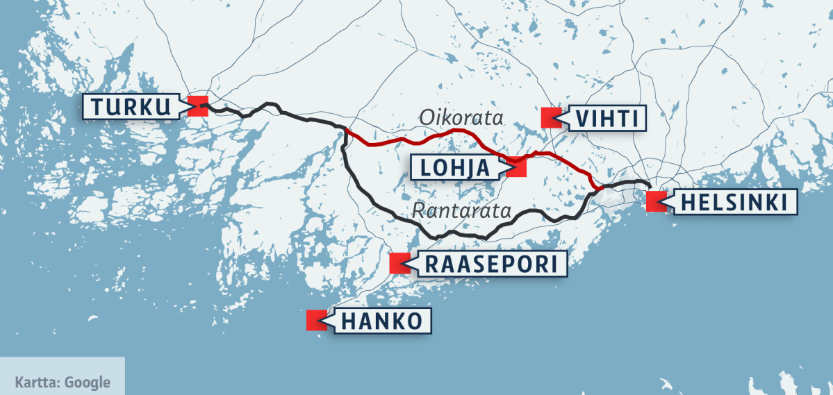 Kartta junaradasta välillä Turku - Helsinki
