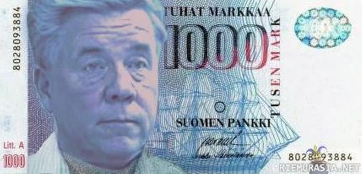 Meemi, jossa tuhannen markan setelissä Markku Ritaluoman kuva