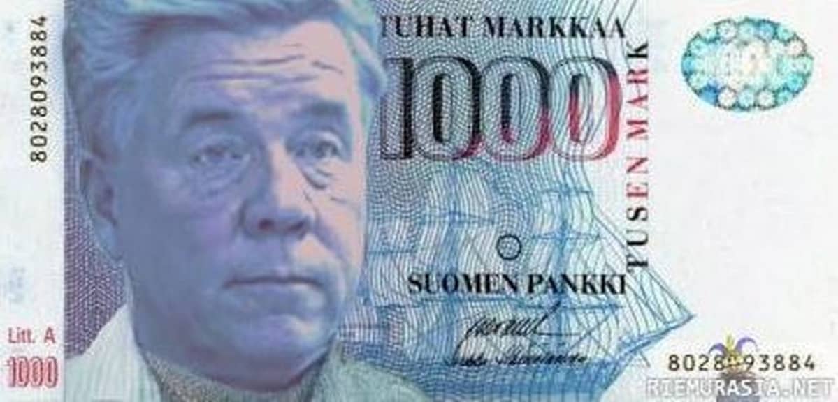 Meemi, jossa tuhannen markan setelissä Markku Ritaluoman kuva