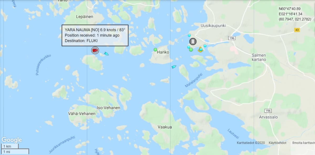 Ruudunkaappaus Marinetraffic-sivulta, jossa näkyy Yara Nauma -aluksen sijainti merellä Uudenkaupungin edustalla perjantaina klello 12.22..