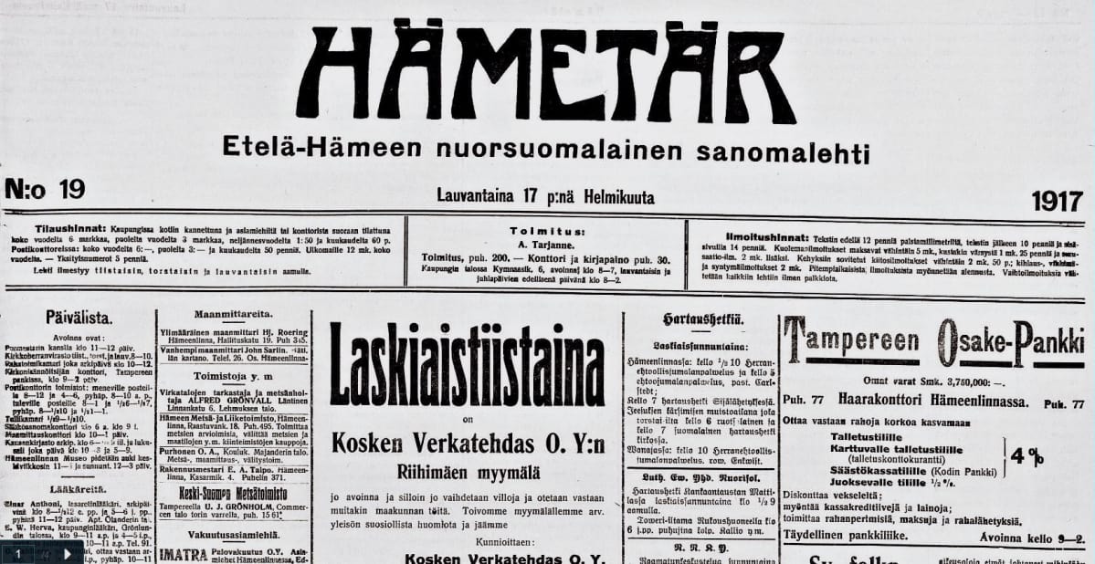 Kuva Hämetär lehden etusivulta 17.2.1917