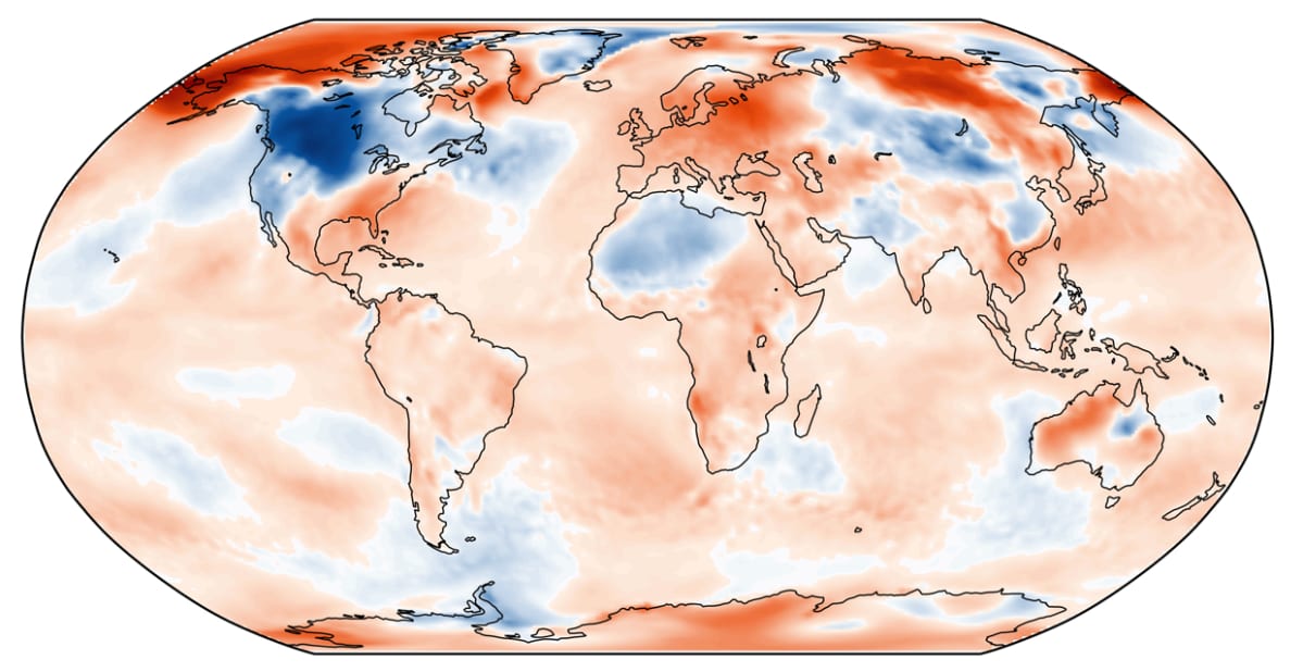 Helmikuun 2019 lämpötilan poikkeama jakson 1981-2010 keskiarvosta. Lähde: C3S, ECMWF