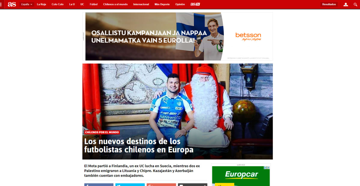 Kuvakaappaus espanjalaisen AS-urheilulehden chileläisestä painoksesta.