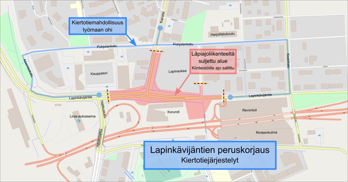 Karttakuva kiertotiestä Lapinkävijäntien peruskorjauksen aikana.