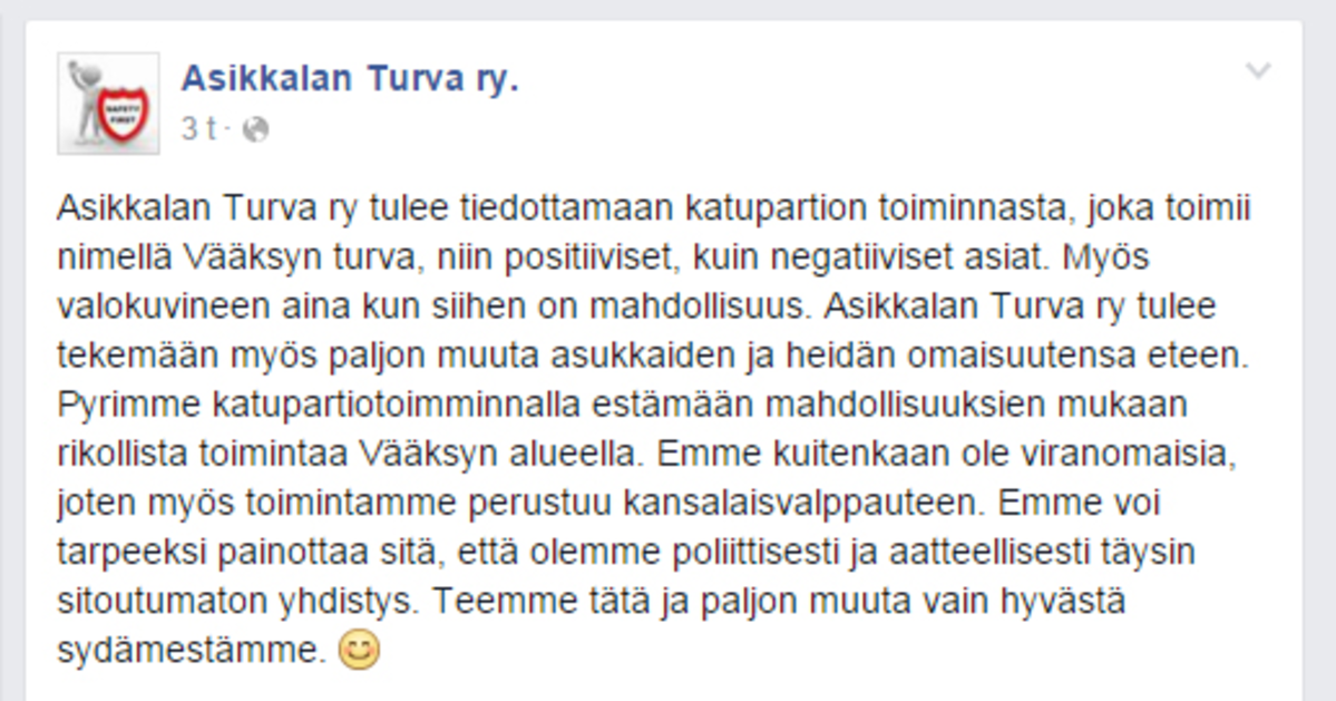 Asikkalan turva ry:n Facebook-sivu.