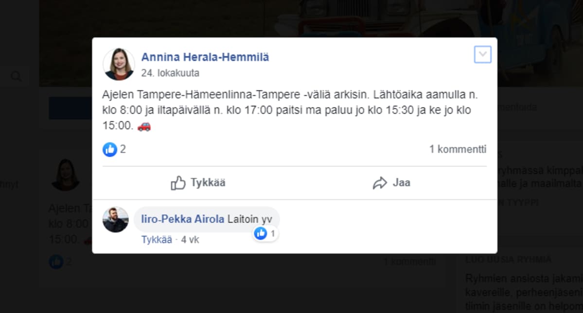 Kuvakaappaus Facebookin Kimppakyyti Tampere -ryhmästä