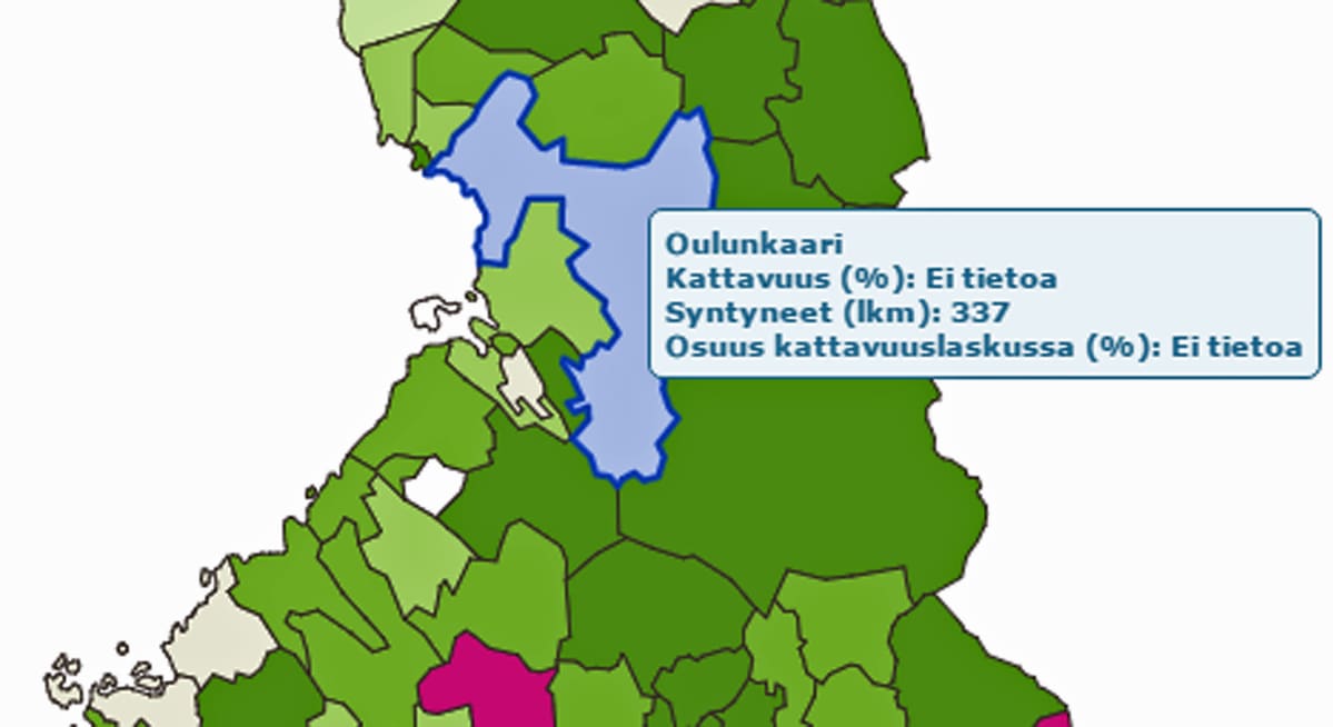 Rokotuskattavuuskartta. Oulunkaaren alueelta ei tietoa.