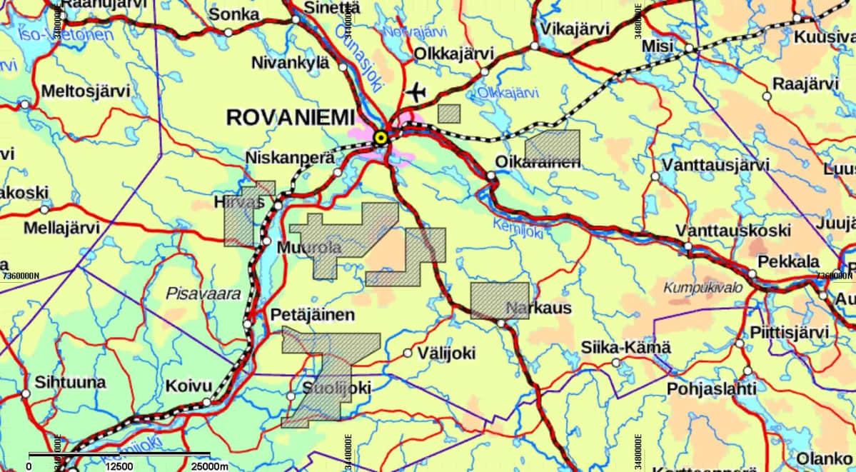 Latitude 66 Cobalt kerää karttaan tummennetuilla alueilla maaperänäytteitä kesän aikana Rovaniemellä ja Tervolassa.