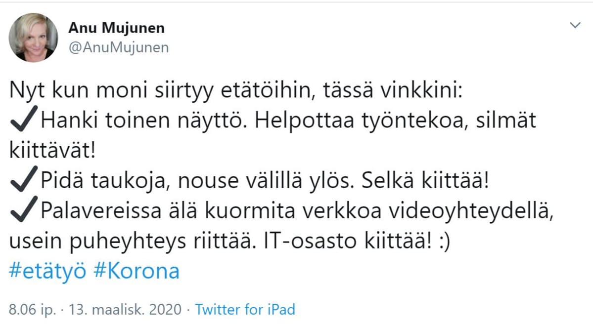 Anu Mujusen twiitti etätyöstä