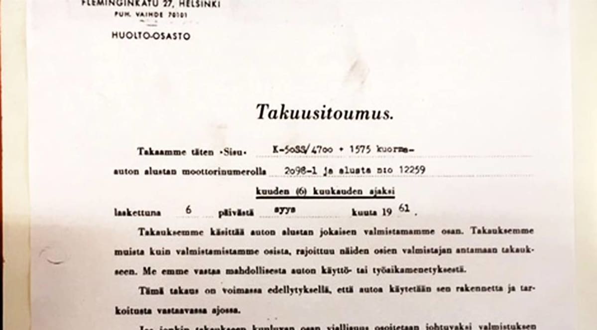 Sisun takuusitoumus Sisun K-50SS erikoisautolle vuodelta 1961.