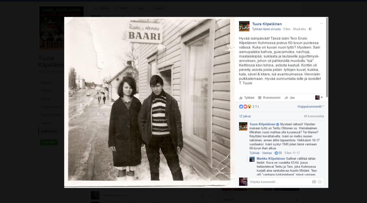 Kuvakaappaus Tuure Kilpeläisen Facebook-profiilista, jossa on vanha kuva Tuuren isästä ja nuoresta naisesta 1960-luvun Kuhmossa.